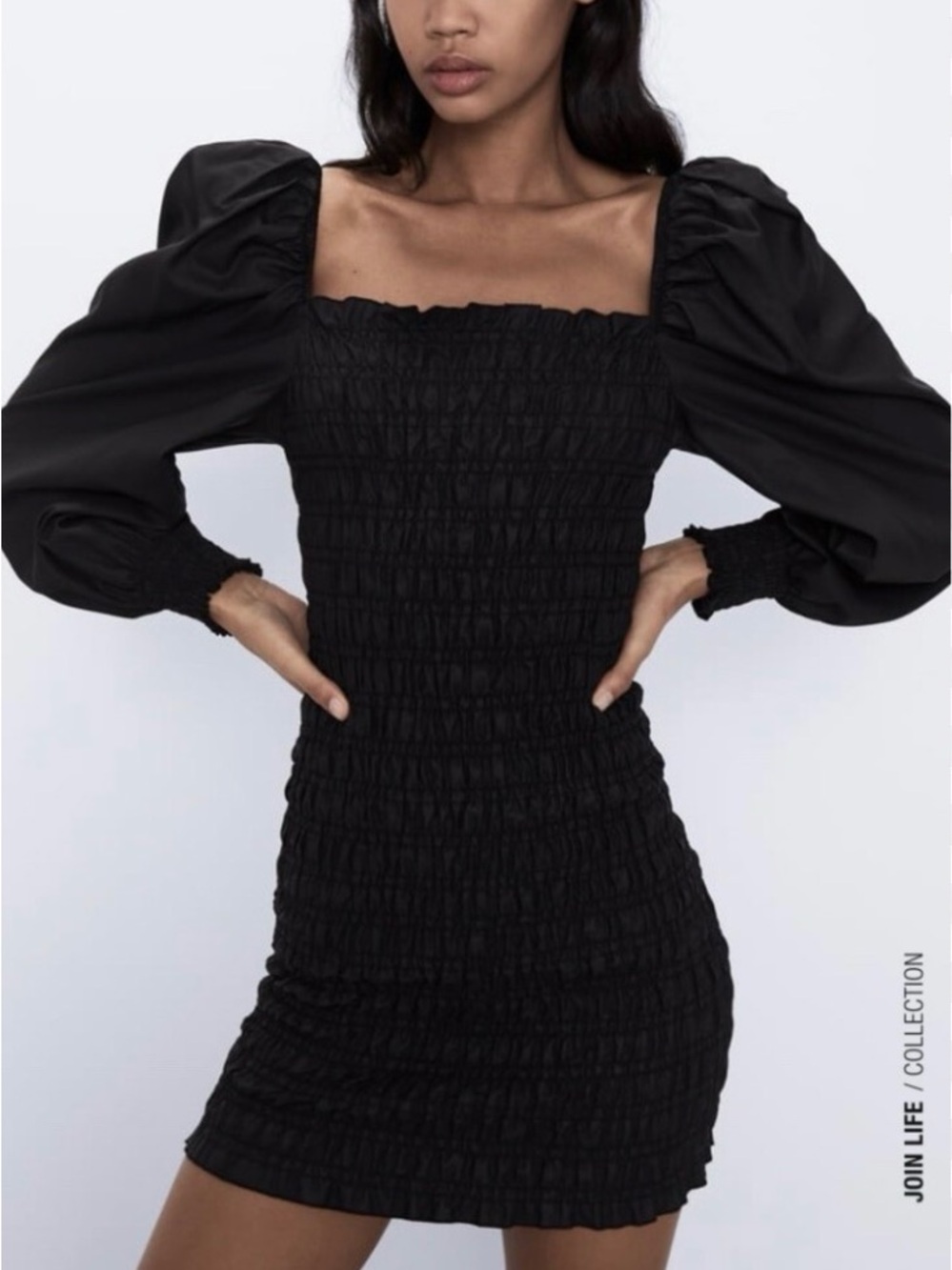 Zara Black Smocked Mini Dress with Puff Sleeves